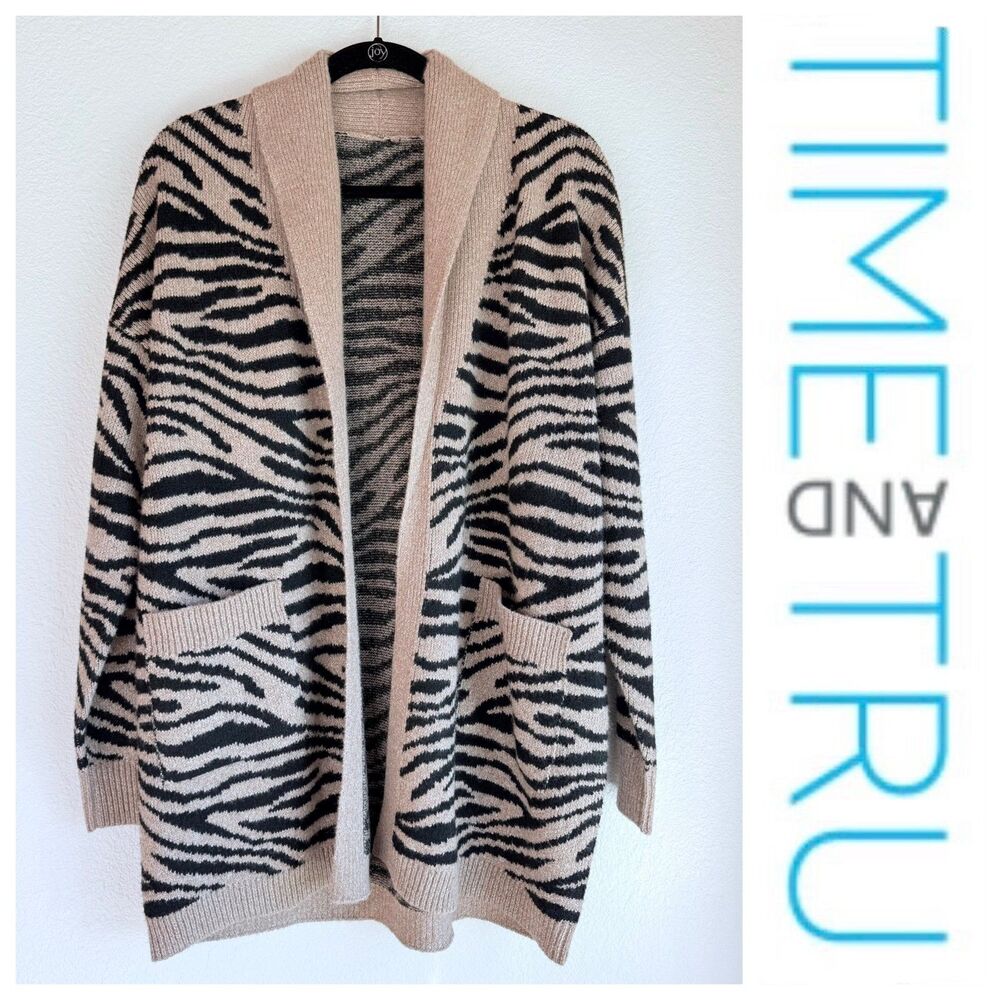 NEW SAMPLE Time and Tru Women's Long Line Open Cardigan in Zebra Jacquard Tan M